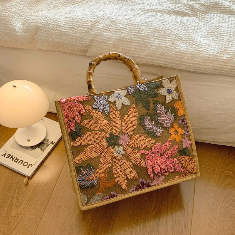 Sac Cabas Brodé aux Sequins et Motifs Floraux