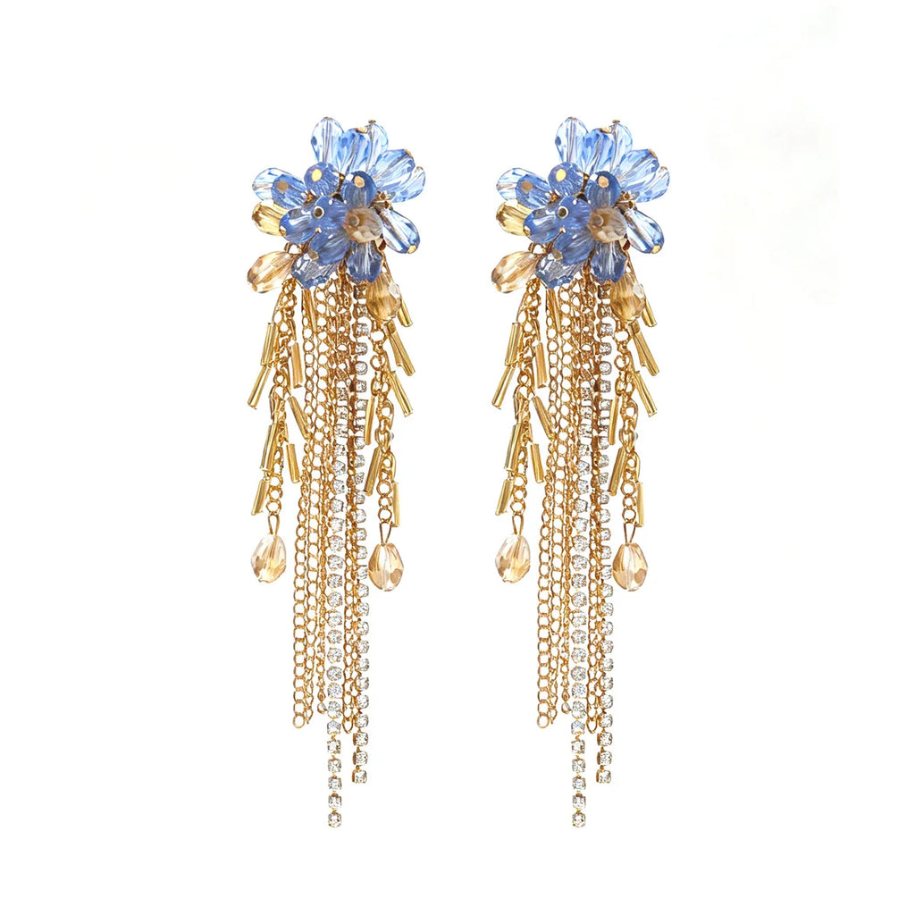 Boucles d’Oreilles Cascade Dorée aux Cristaux Bleus et Franges