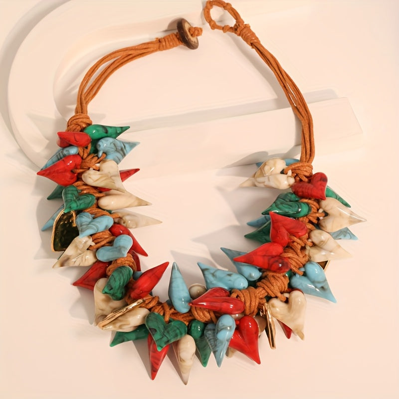 Collier Chunky Cœurs Colorés en Résine & Cordon Orange