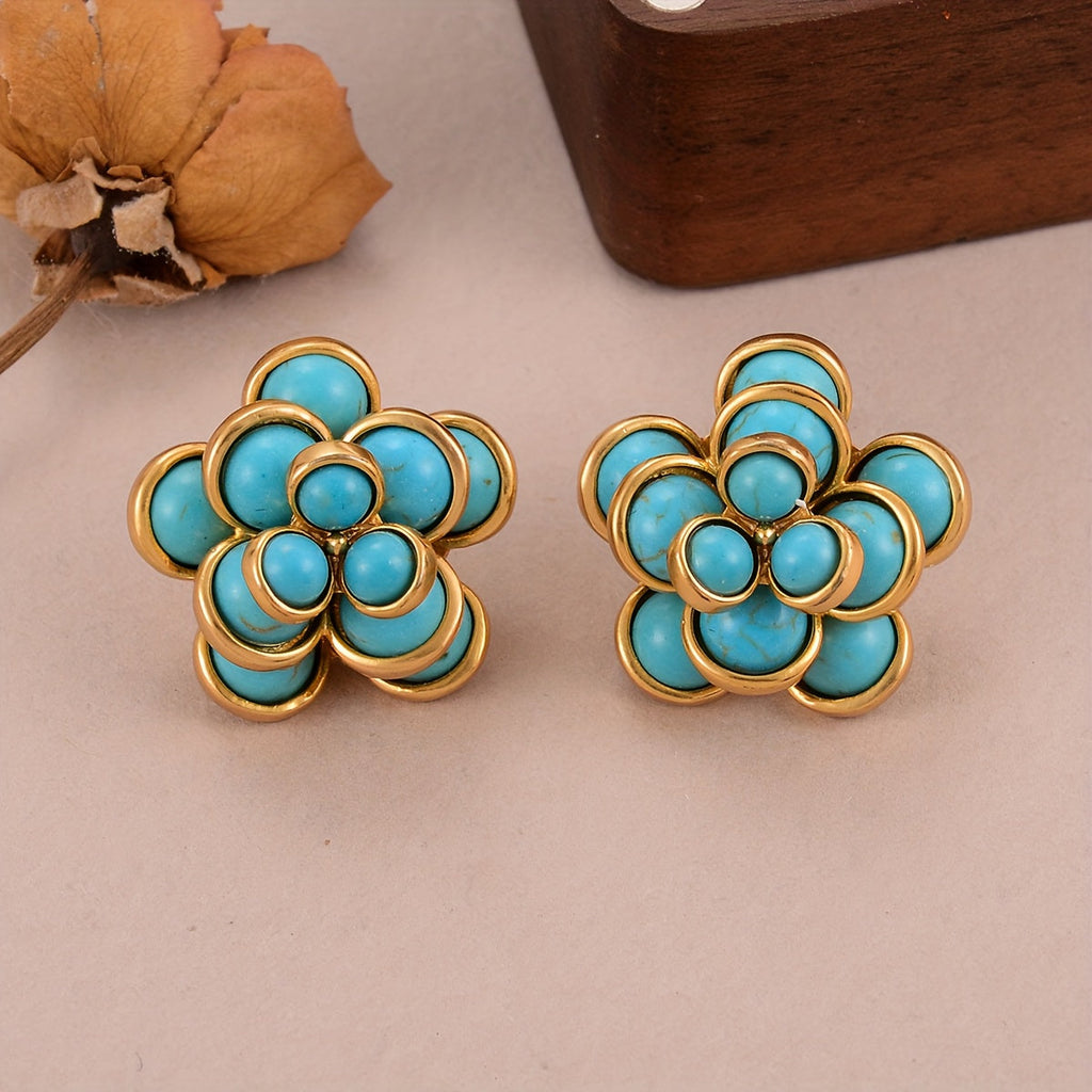 Boucles d'Oreilles Puces Fleur Turquoise