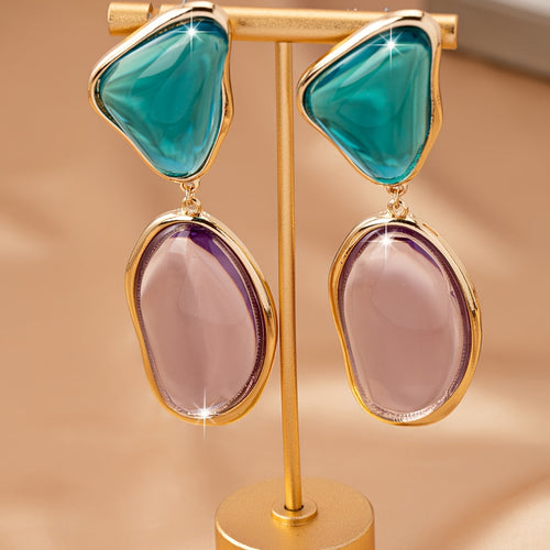 Boucles d'Oreilles Pendantes Pierres Turquoise et Lilas