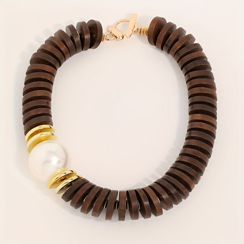 Collier Statement Bois Marron Café & Perle Maxi