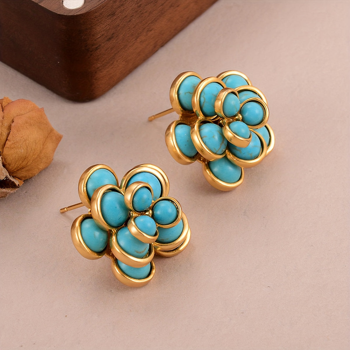 Boucles d'Oreilles Puces Fleur Turquoise