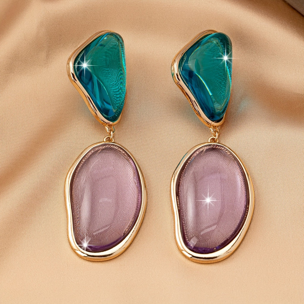 Boucles d'Oreilles Pendantes Pierres Turquoise et Lilas