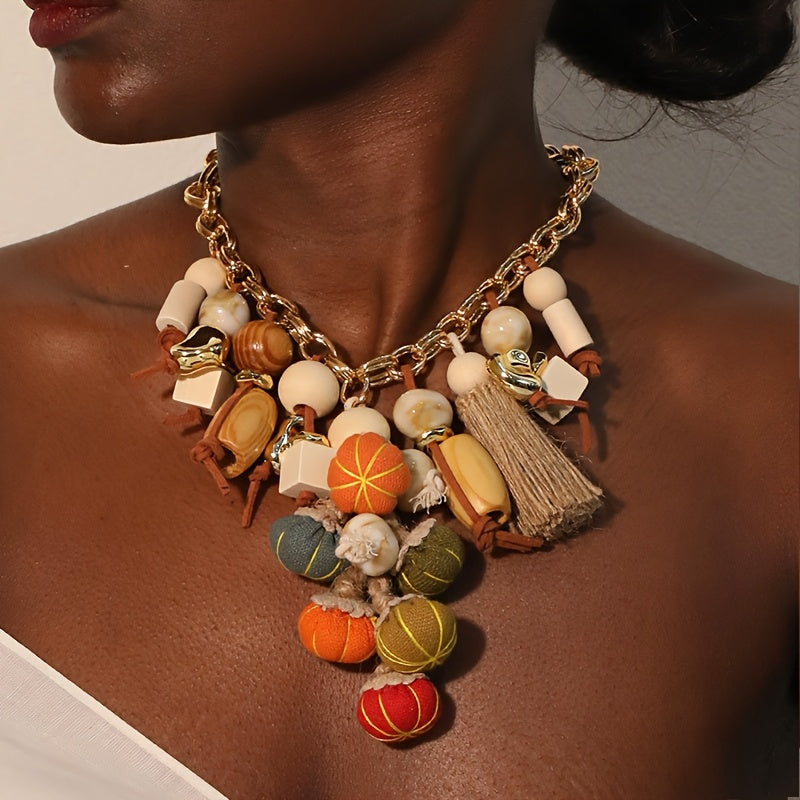 Collier Bohème Citrouilles Colorées & Pompons