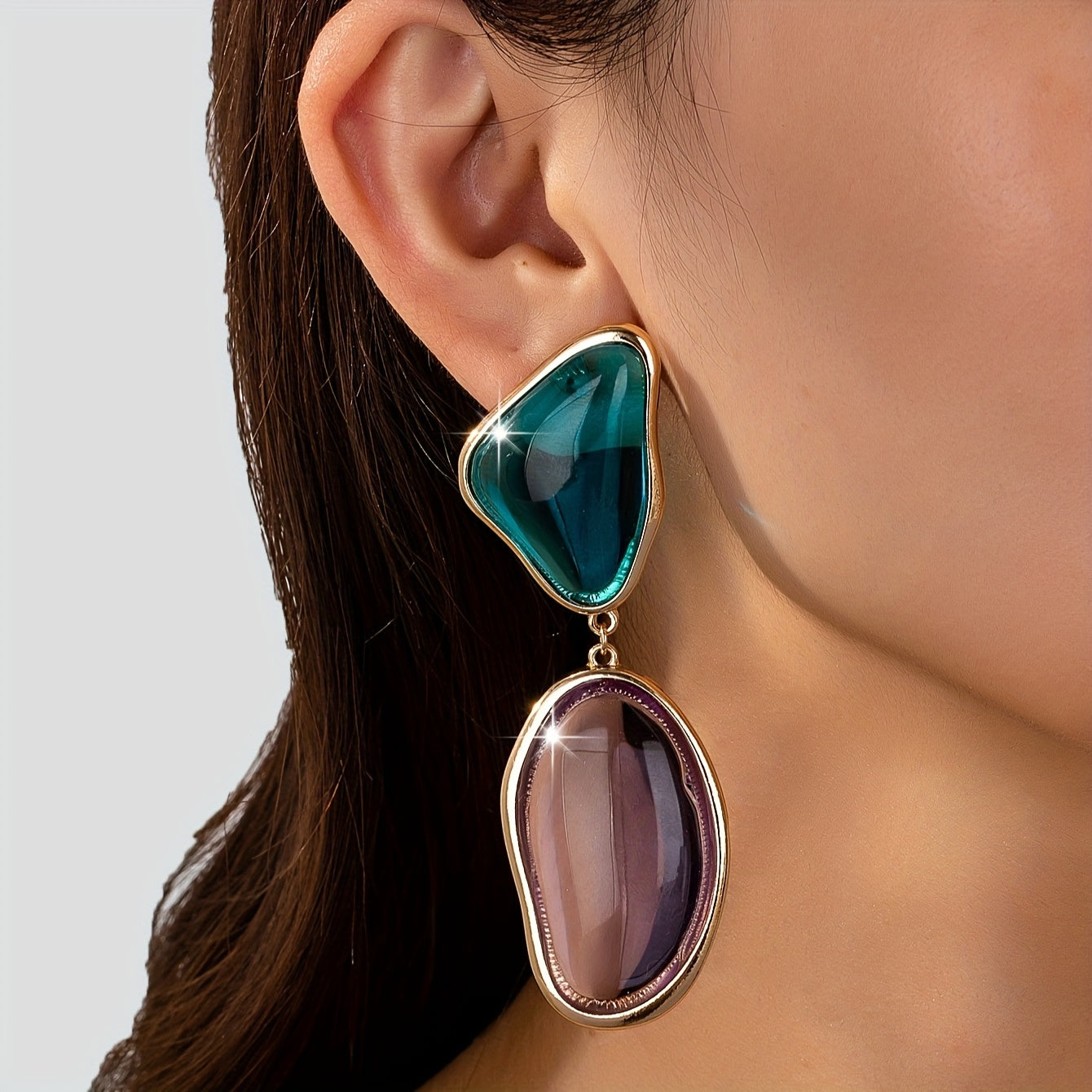 Boucles d'Oreilles Pendantes Pierres Turquoise et Lilas