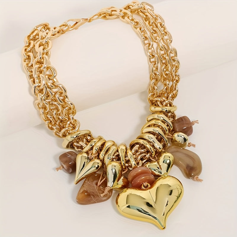 Collier Chaîne Dorée à Pierres Multicolores et Pendentif Cœur