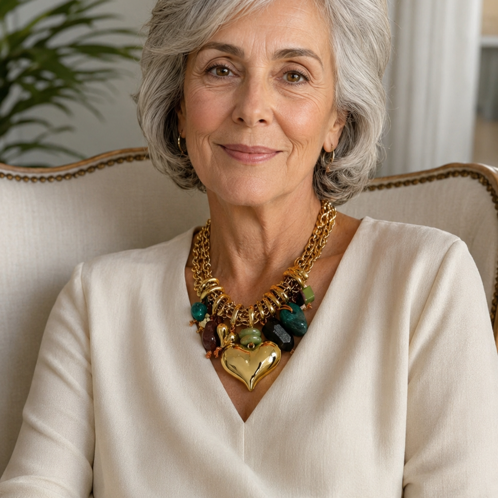 Collier Chaîne Dorée à Pierres Multicolores et Pendentif Cœur