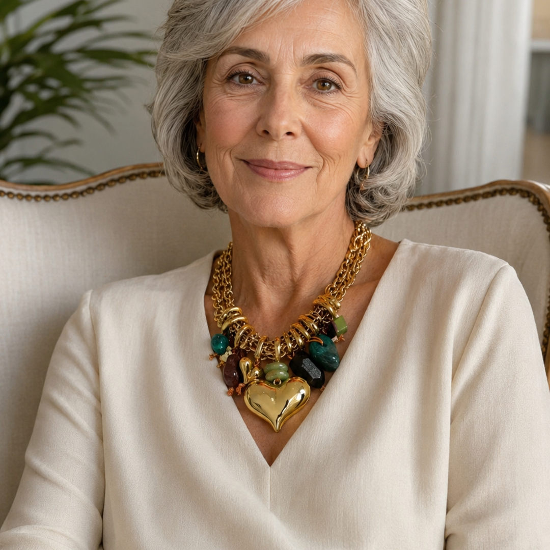 Collier Chaîne Dorée à Pierres Multicolores et Pendentif Cœur